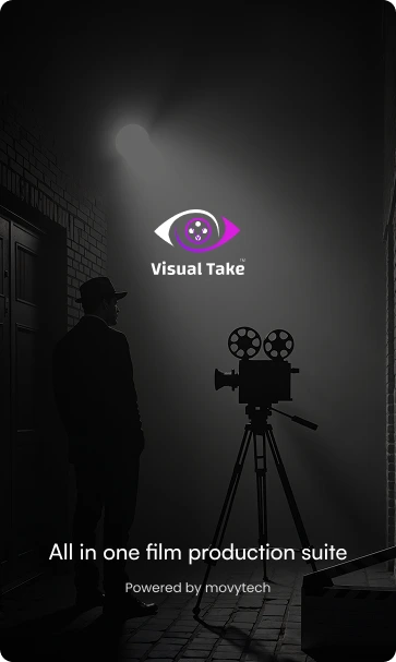 VisualTake film production banner with camera and spotlight