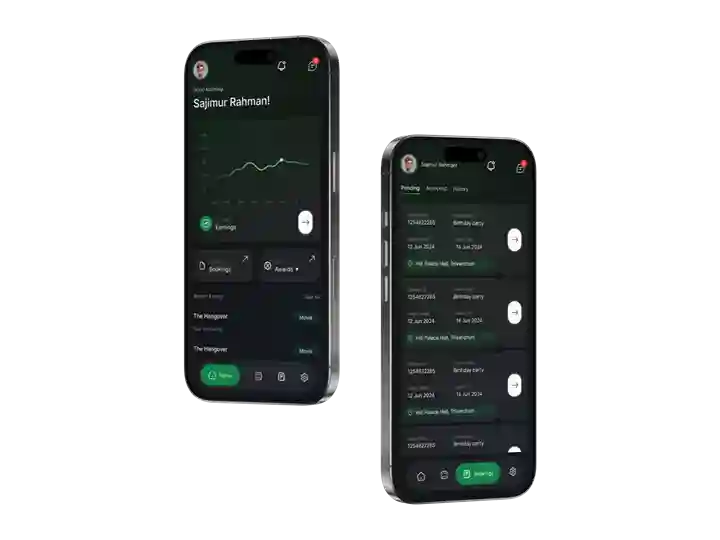 Capsule layout showing dual mobile screens of film production app interface